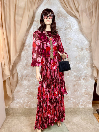 1960's La Mendola Floral Pleated Maxi Dress