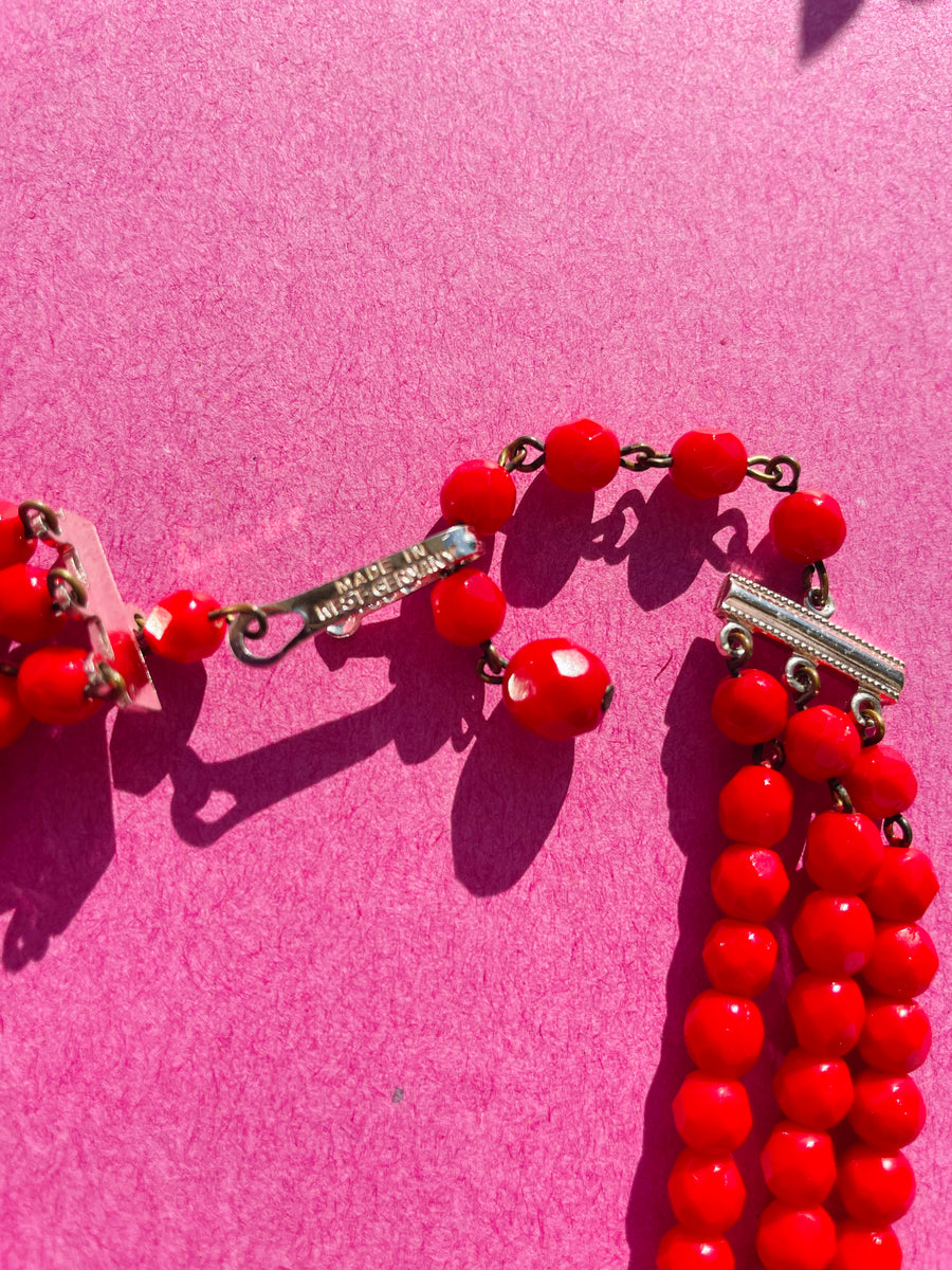 Triple Red Glass Bead Necklace Golden Pearl Vintage