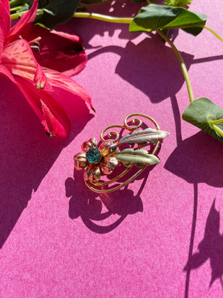 Curly Flower Leaf Brooch + Aqua Gem