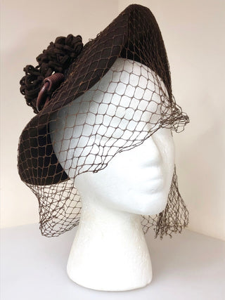 1940's Perched Hat w/ Poms + Netting