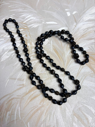 Long Frosted Black Bead Necklace