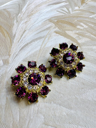 Purple Rhinestone Button Earrings