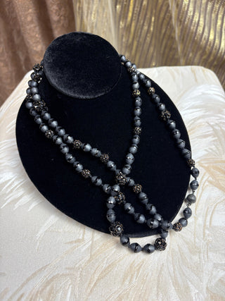 Long Frosted Black Bead Necklace