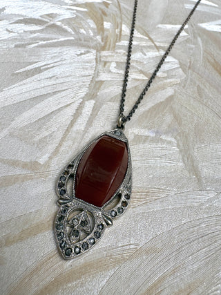 Deco Rhodium Bakelite Pendant with Marcasite