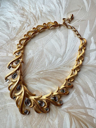 Trifari Gold Seaweed w/ Water Drop Gems Necklace