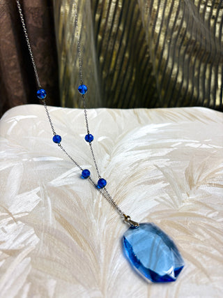 Deco Blue Glass Pendant Necklace