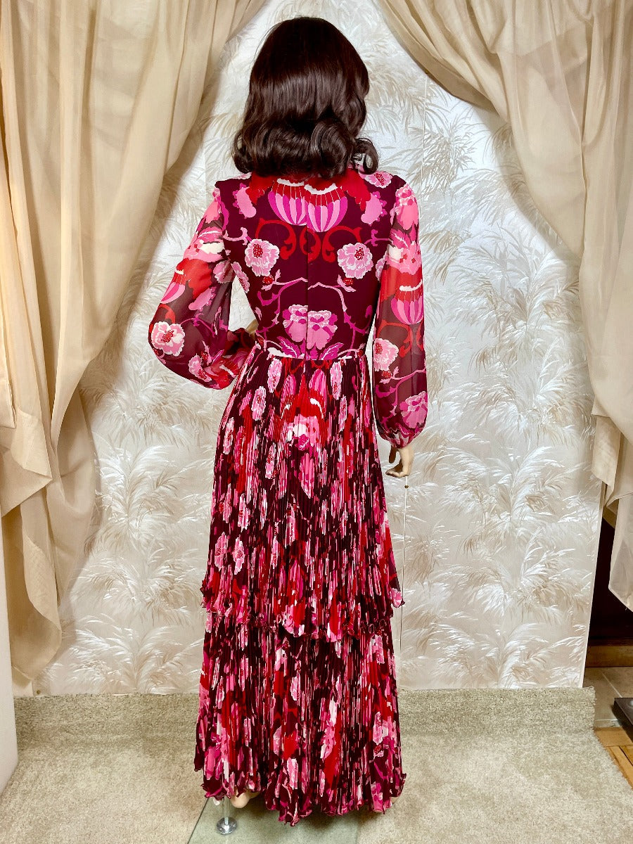 1960's La Mendola Floral Pleated Maxi Dress