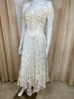 1980's JM Handkerchief Lace off the Shoulder Dress
