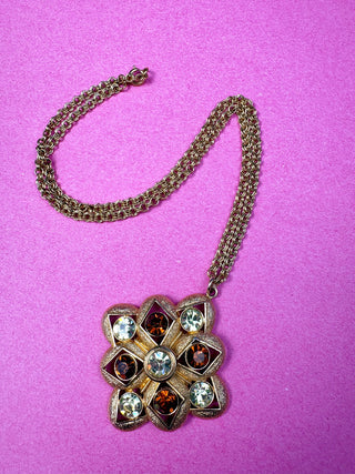 Amber & Green Gem Gold Starburst Pendant Necklace