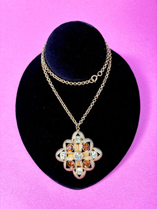 Amber & Green Gem Gold Starburst Pendant Necklace