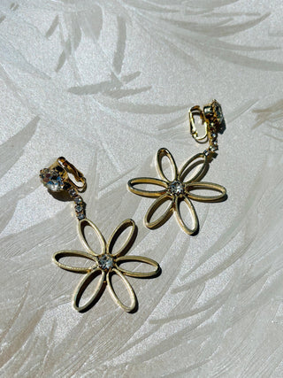 Big Gold Flower & Rhinestone Drop Earrings