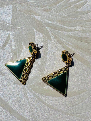 Gold & Green Enamel Triangle Earrings