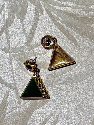 Gold & Green Enamel Triangle Earrings