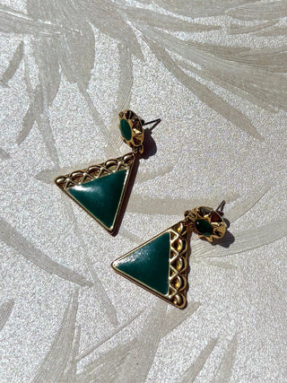 Gold & Green Enamel Triangle Earrings