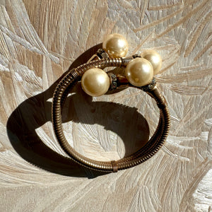 Gold Coil Bracelet with Pearls and Rhinestones