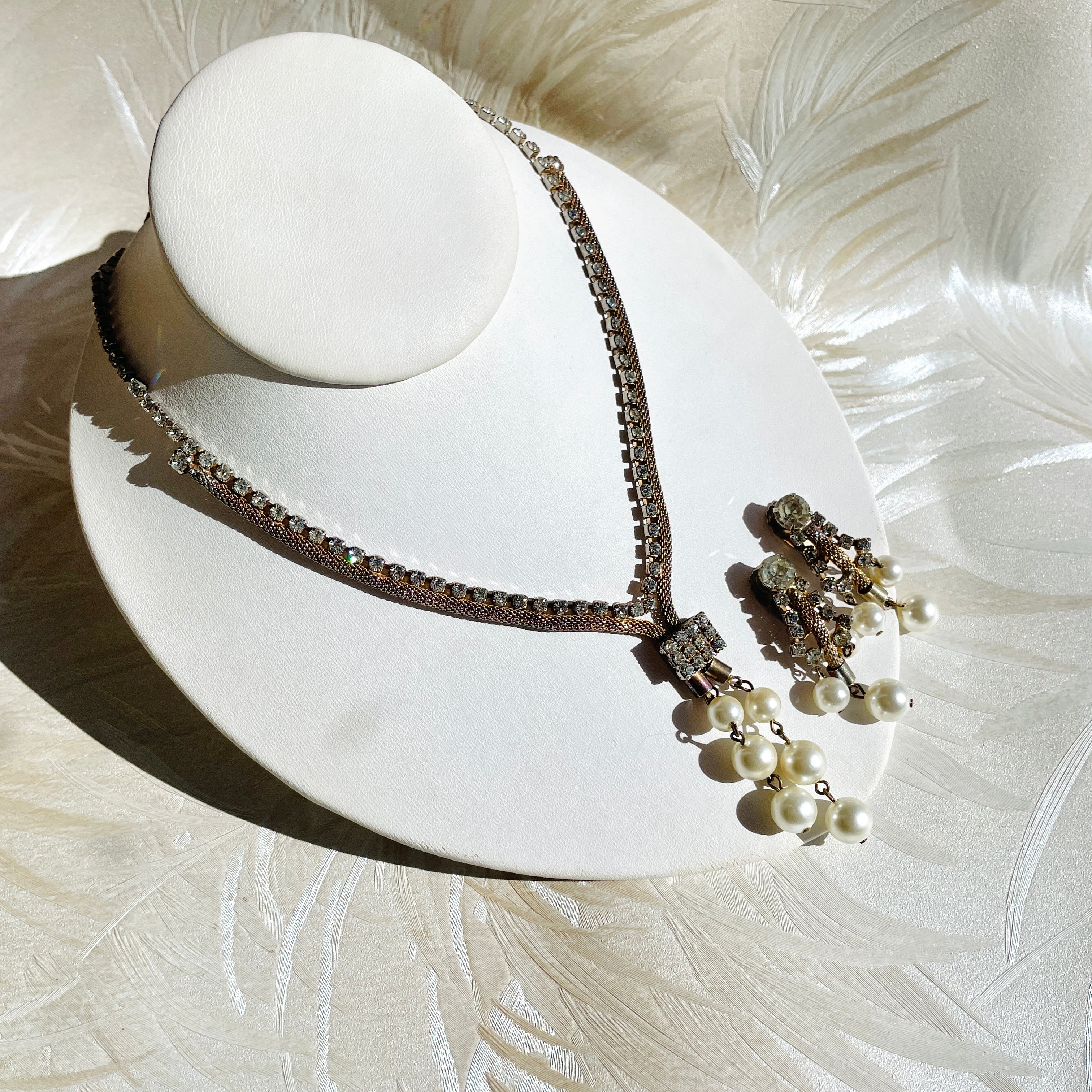 Rhinestone Mesh and Pearl Necklace + Earring Set