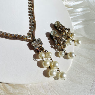 Rhinestone Mesh and Pearl Necklace + Earring Set