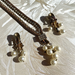 Rhinestone Mesh and Pearl Necklace + Earring Set