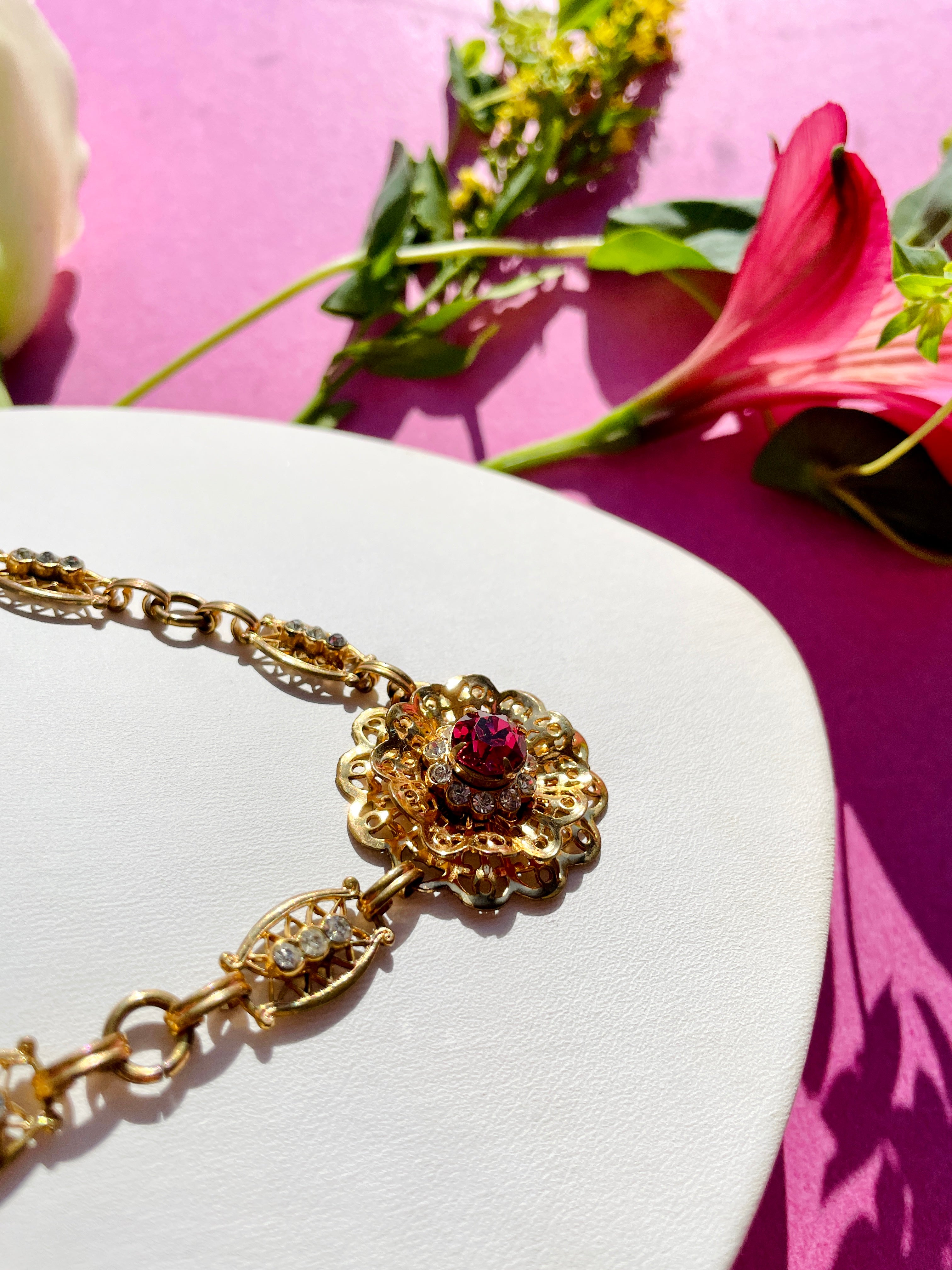 Gold Pink Gem Flower Necklace