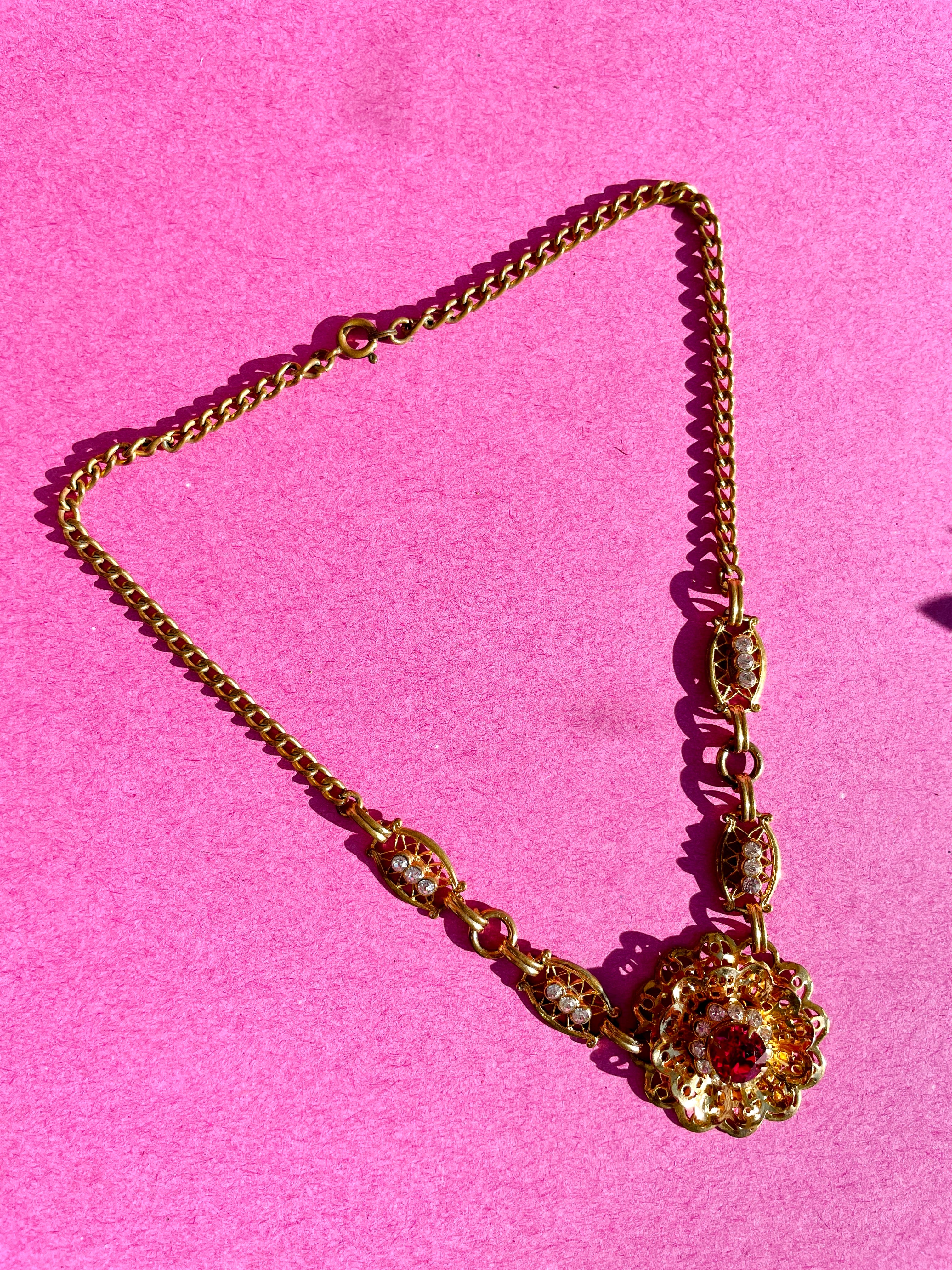 Gold Pink Gem Flower Necklace