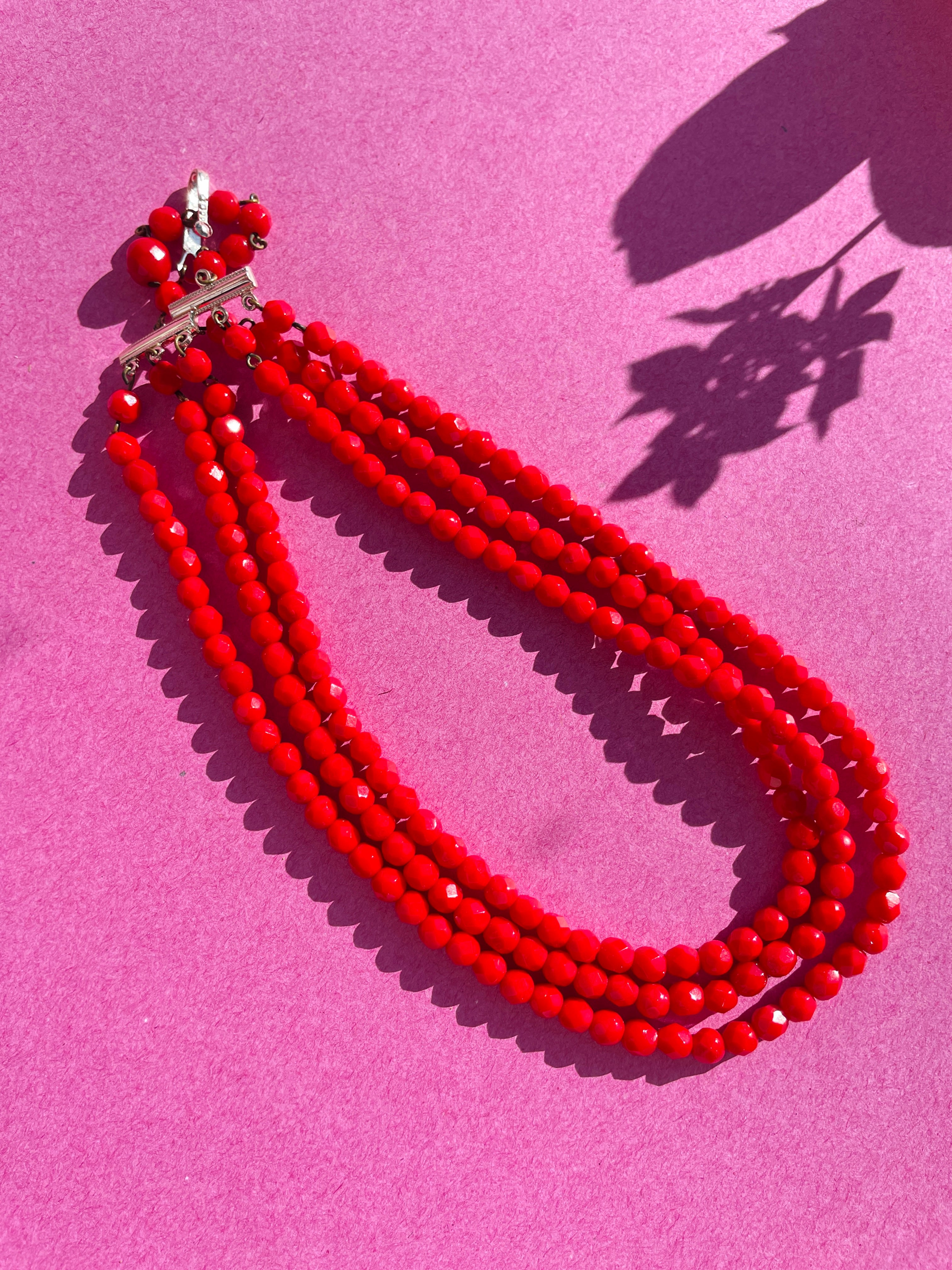 Triple Red Glass Bead Necklace