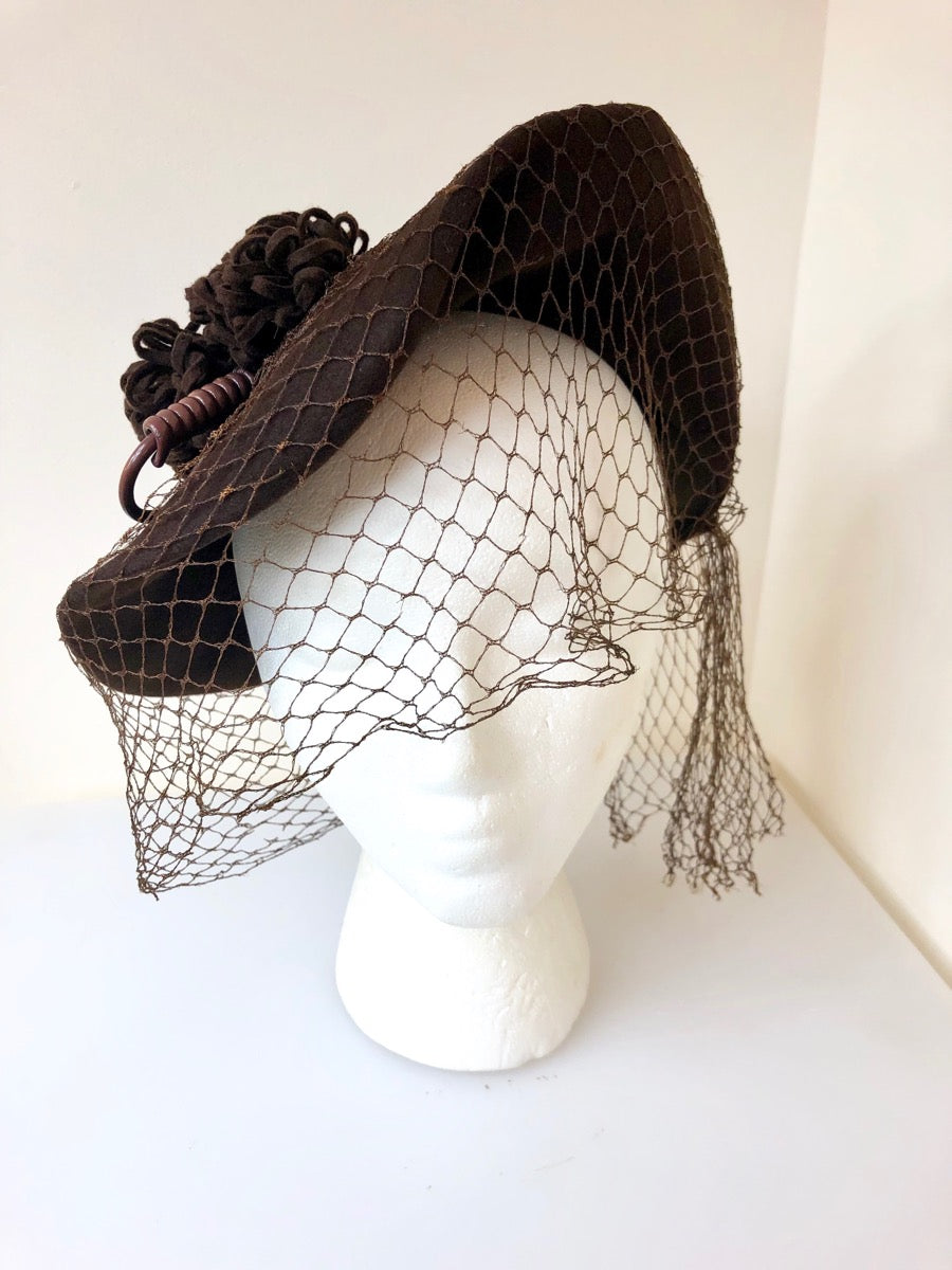1940's Perched Hat w/ Poms + Netting