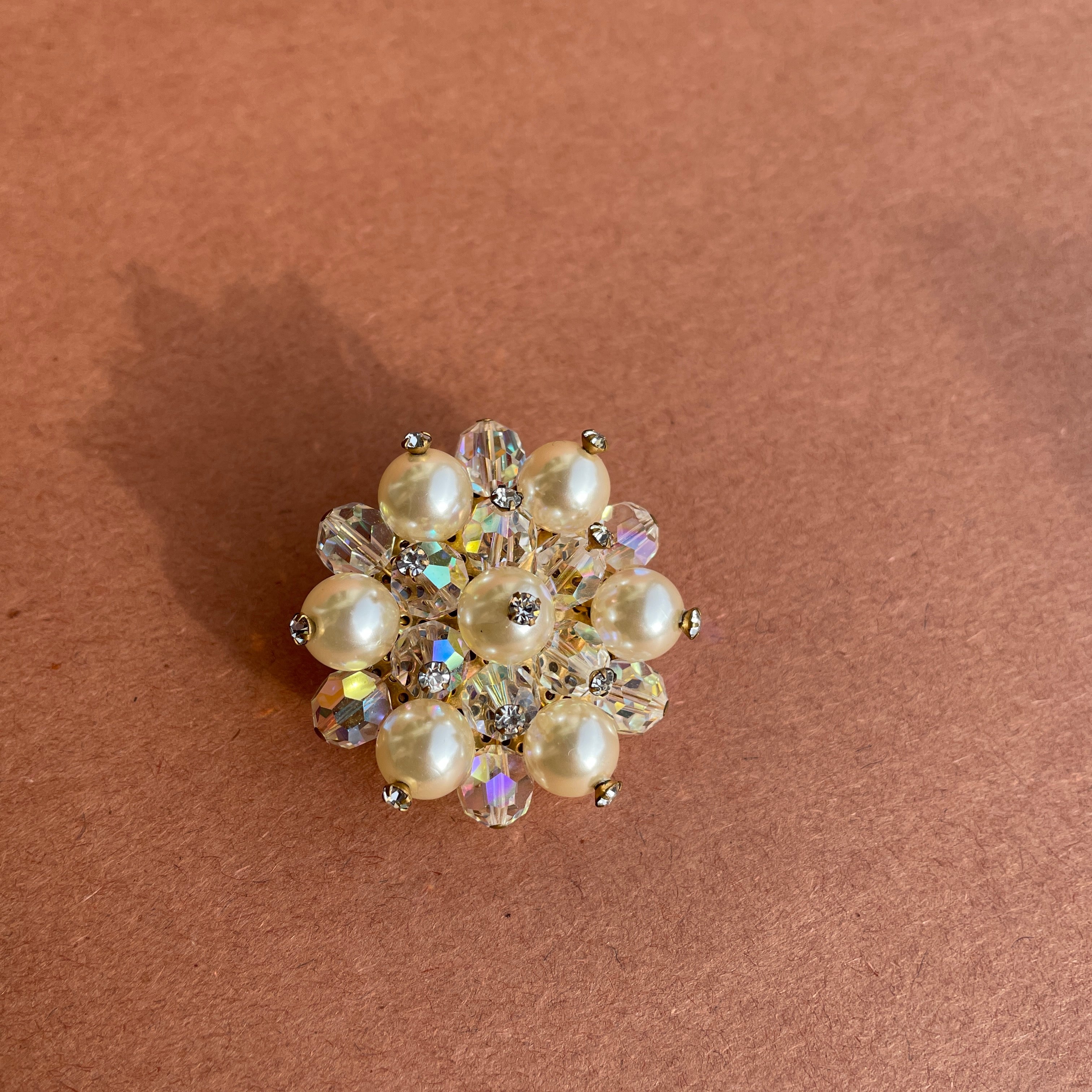 Round Pearl + Crystal Brooch